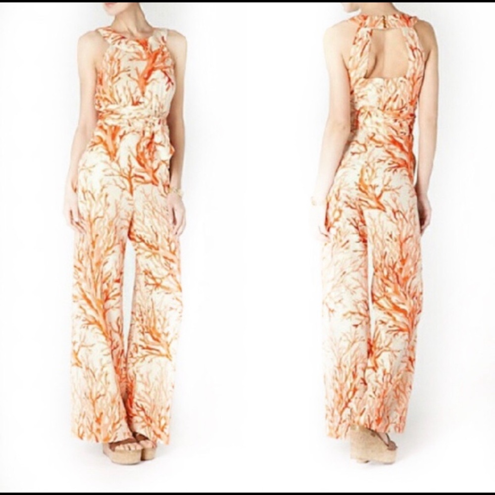 Elevenses Anthropologie Coral Jumpsuit Silk Blend High Neck Halter Tie Waist
